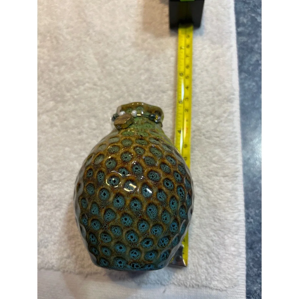 Handmade Ceramic Bud Vase Green Blue Reactive Glaze Honeycomb Texture Beautiful